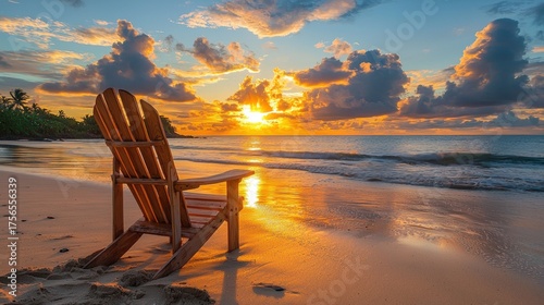 Beach chair at sunset with golden sky and ocean waves.