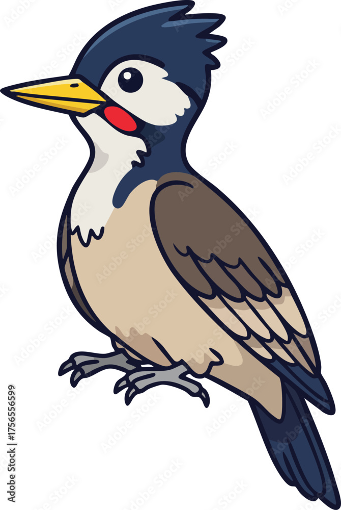 Fototapeta premium Cartoon woodpecker bird vector illustration with blue and brown feathers and yellow beak