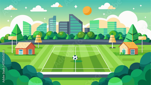 A haven of green amidst the suburban landscape the soccer field serves as a gathering place for competitive matches and friendly pickup games.