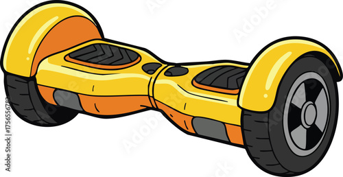 Yellow hoverboard personal transportation device with black wheels and footpads vector illustration 