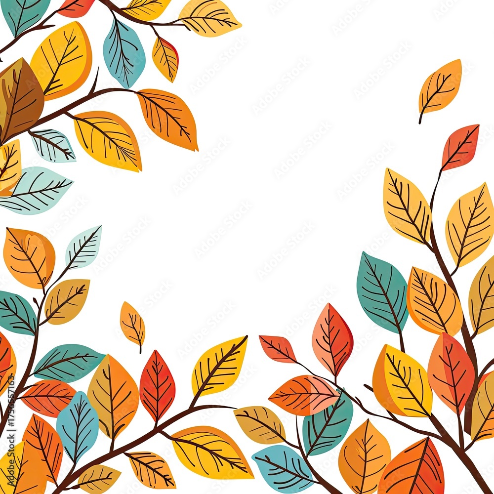 Fototapeta premium Autumn Leaves Branches Frame Graphic, Illustration for seasonal design projects