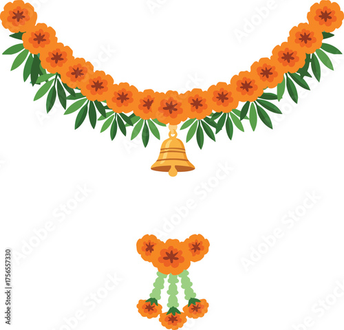 Marigold flower garland with golden bell and wrist floral bracelet vector illustration for festive decoration and cultural celebration 
