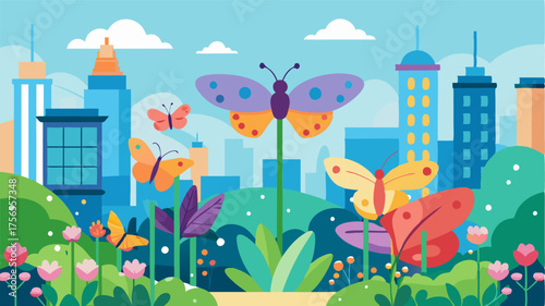 A charming butterfly garden showcases a variety of colorful winged creatures within a bustling metropolis.
