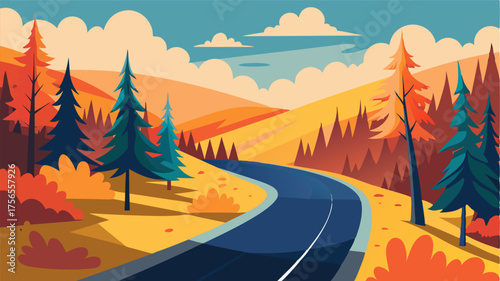 A picturesque road winding through a dense forest with colorful autumn leaves blanketing the ground and creating a stunning contrast against the evergreens.