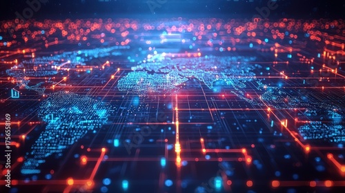 Fototapeta Naklejka Na Ścianę i Meble -  Digital World Map - Futuristic Network Connections and Data Flow Visualization.