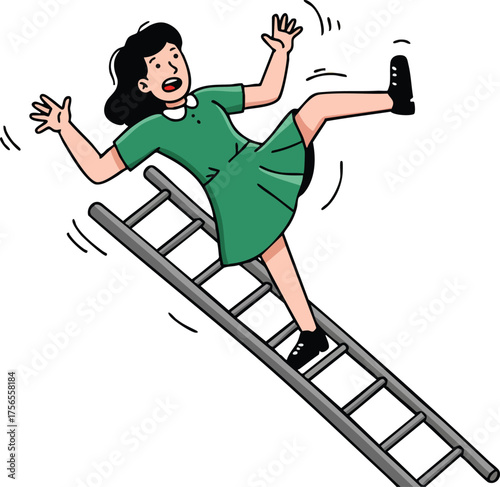 Woman falling off ladder accident illustration showing unexpected slip hazard and safety awareness in everyday life 