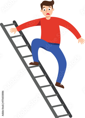 Man slipping and falling down ladder in red shirt and blue pants vector illustration of accident and danger awareness 