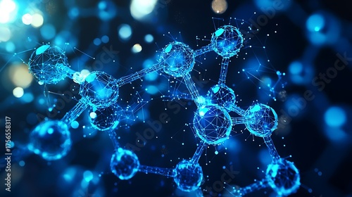 Abstract glowing blue molecular structure with bokeh lights.