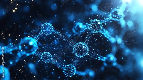 Abstract Blue Molecular Structure with Glowing Connections and Particles in a Dark Background.