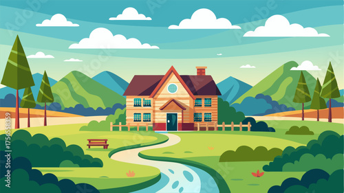 A charming country estate with a traditional farmhouse surrounded by acres of verdant farmland and winding streams teeming with wildlife.