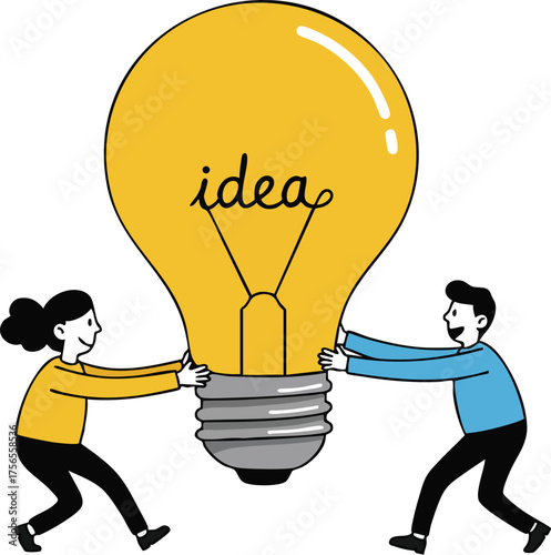People holding giant yellow light bulb symbolizing idea and creativity concept in teamwork collaboration