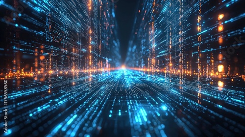 Abstract Data Stream - Digital Information Flowing Through a Virtual Cityscape.