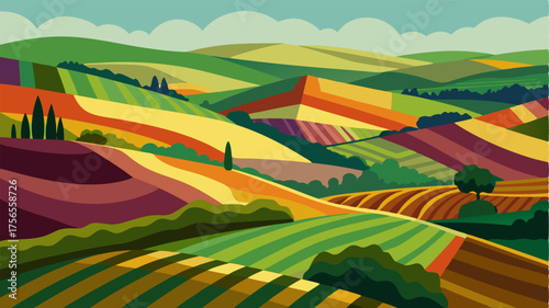 A patchwork of rolling hills spotted with carefully manicured vineyards a symphony of colors and textures that evoke a sense of tranquility and abundance.