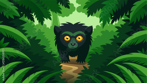 Along a mosscovered path a pair of inquisitive eyes peer out from the dense foliage revealing the presence of a mischievous howler monkey.