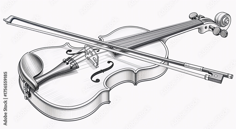 Obraz premium Hand-Drawn Violin and Bow Pencil Sketch on White Background