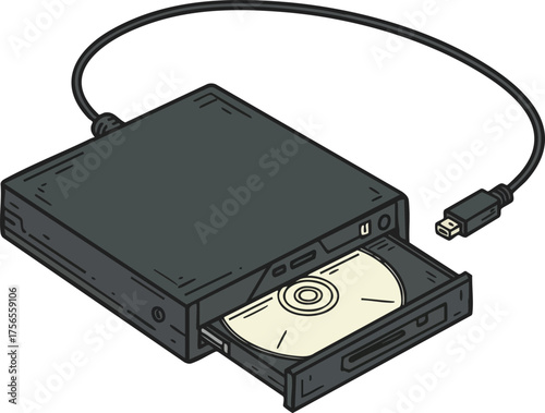 External optical disc drive with USB cable and inserted CD for computer data transfer and media playback vector illustration