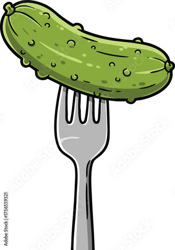 Pickle on fork hand drawn vector illustration of green pickle with textured skin and metal fork utensil 
