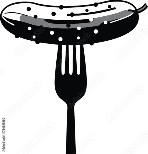Pickle on fork black and white minimalist vector illustration with simple contrast design 
