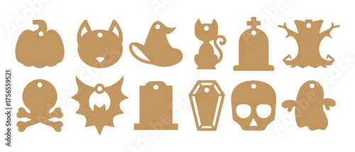 Set of Halloween gift shaped tags vector templates for cutting. Autumn holiday tag stencils. Craft paper or cardboard label for gift wrapping