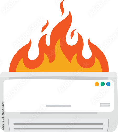 Air conditioner with orange and red flames symbolizing overheating or fire hazard in cooling system vector illustration 