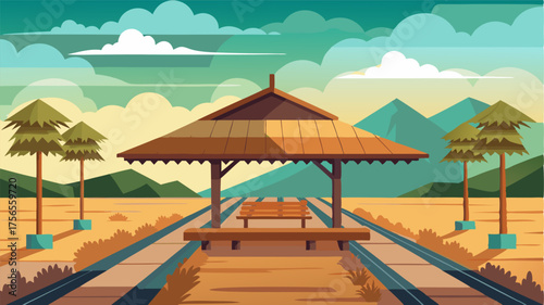 A cozy station with a thatched roof and wooden benches set against a backdrop of endless fields stretching towards the horizon.