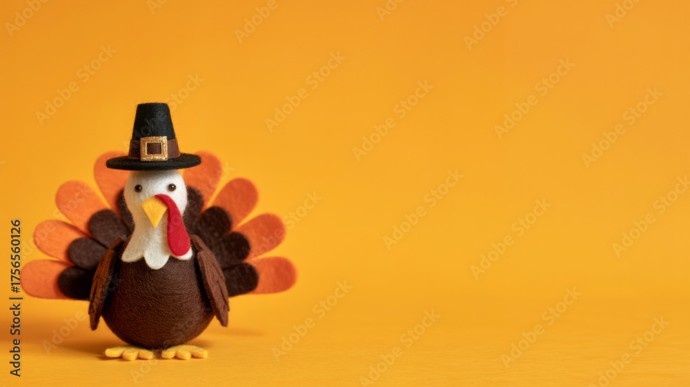 Fototapeta premium Festive Thanksgiving turkey figurine wearing a pilgrim hat cute holiday decoration isolated on orange background