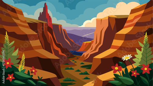 A rugged canyon is decorated with a tapestry of wildflowers bringing life to the otherwise barren rock walls.