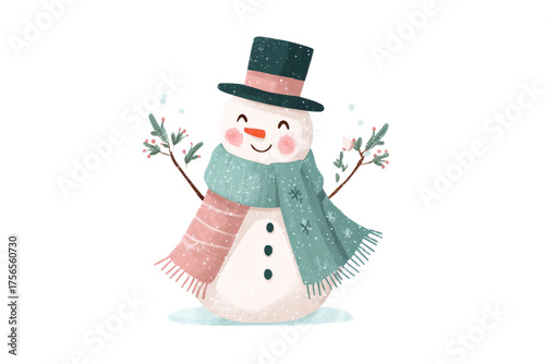 Cute snowman illustration with a scarf and top hat festive winter character for Christmas cards and holiday designs isolated on white background