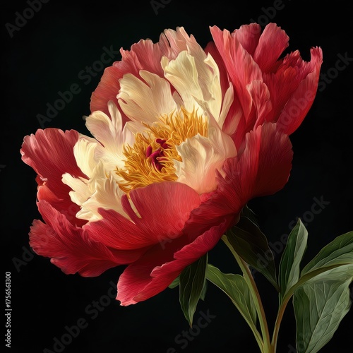 Blooming peony with red and white petals in dark background, usage in presentation
