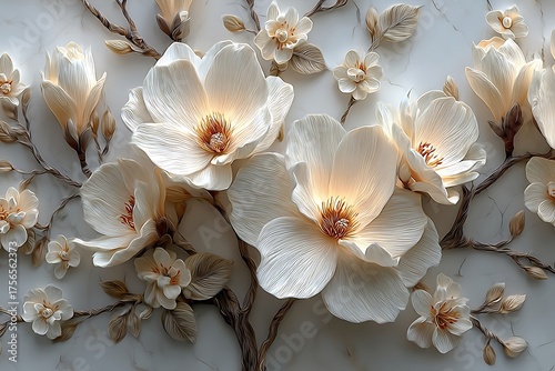 Decorative magnolia floral wall pattern relief high resolution picture