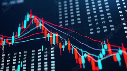 Closeup of a stock market chart showing a downward trend with red and blue candlesticks and trend lines