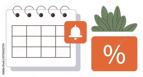 Calendar grid, red notification bell, percentage box, and green plant suggest organization, planning, and task management. Ideal for productivity, scheduling, goals business savings reminders