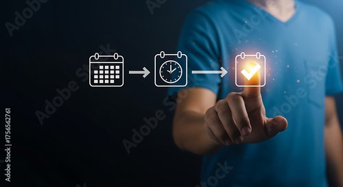 A person is pointing at a digital calendar icon with a checkmark, symbolizing schedule management, appointment scheduling, time management, and task completion in a modern business context