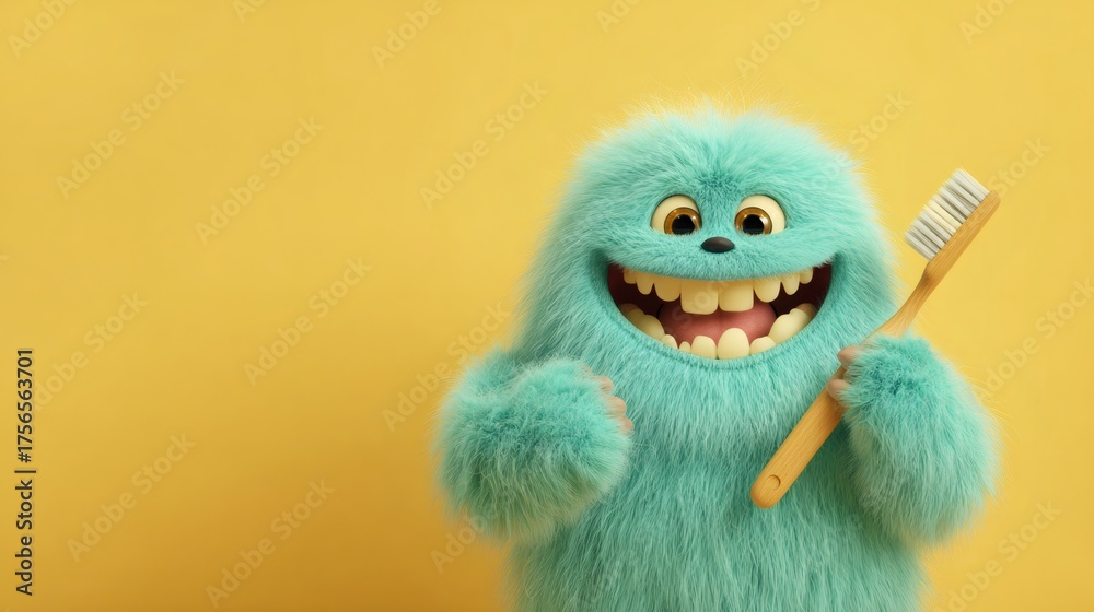 Fototapeta premium Funny fluffy monster with a big smile holding a toothbrush. Dental hygiene concept for kids. Playful character for children's health.