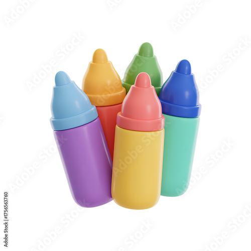 Assortment of colorful baby bottles Transparent background