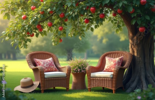 Cozy wicker chairs, peaceful, an inviting spot under an apple tree, sunny garden background