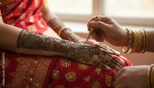 Woman receiving henna design on arm while wearing traditional attire  