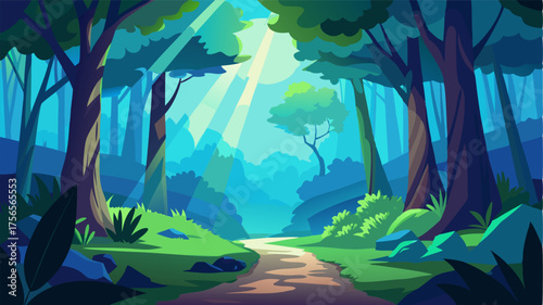 An enchanting forest with a mystical aura as sunlight filters through the tree canopy illuminating the vibrant greens and blues of the landscape.
