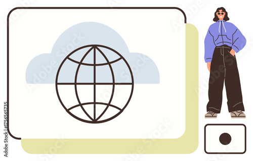 Cloud graphic with overlaid globe illustrates global network. Accompanied by a fashionable person, evokes modernity and connectivity. Ideal for technology, internet, cloud, communication, global