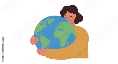 Illustration of a woman hugging the Earth, symbolizing environmental protection and care for the planet.