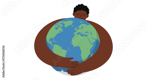 Illustration of a person hugging the Earth, symbolizing environmental protection and global care.