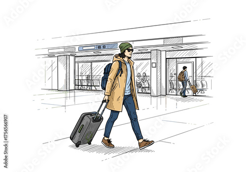 Person at the airport with luggage walking through terminal for travel design and transportation concept