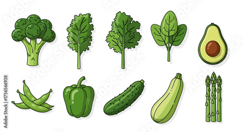 A collection of green vegetables including broccoli spinach and an avocado