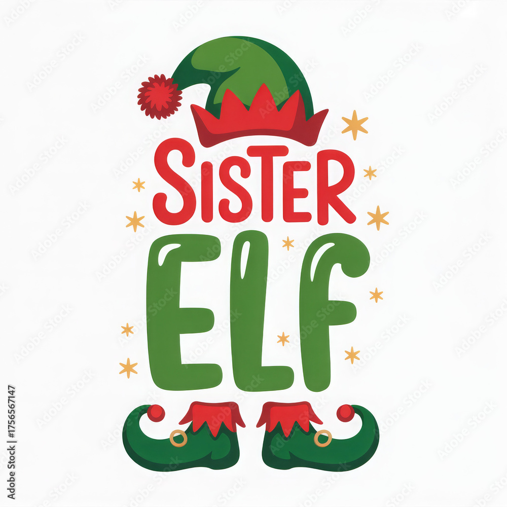 Fototapeta premium Sister Elf vector illustration festive Christmas design with elf hat and shoes isolated on white background