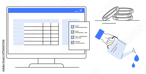 Desktop screen displaying data sheet and checklist, stack of coins symbolizing savings, hand watering for growth. Ideal for financial planning, task management, resource growth, investment
