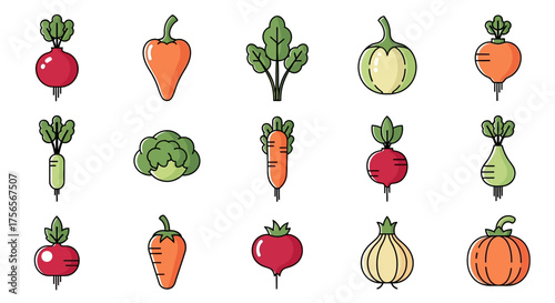 Array of vibrant vegetable icons turnips peppers carrots broccoli beet onion pumpkin  leafy greens