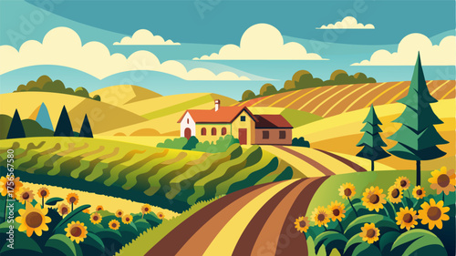 A charming hilltop vineyard overlooking endless fields of wheat corn and sunflowers with a quaint farmhouse at its center.