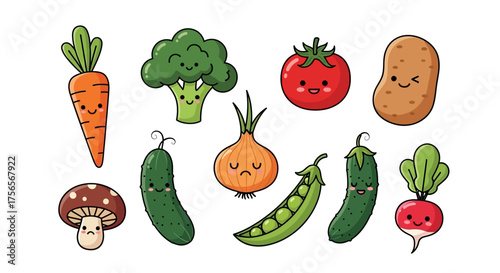Cartoon vegetables including carrot broccoli tomato potato mushroom cucumber onion peas  radish