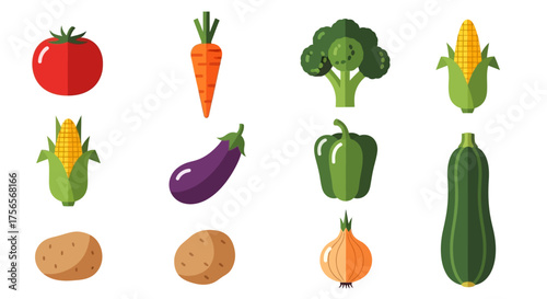 Colorful vegetable icons arranged tomato carrot broccoli corn eggplant pepper zucchini potato onion