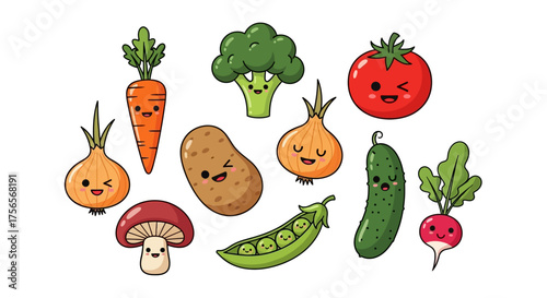 Cute cartoon vegetables carrot broccoli tomato potato onion mushroom peas cucumber and radish